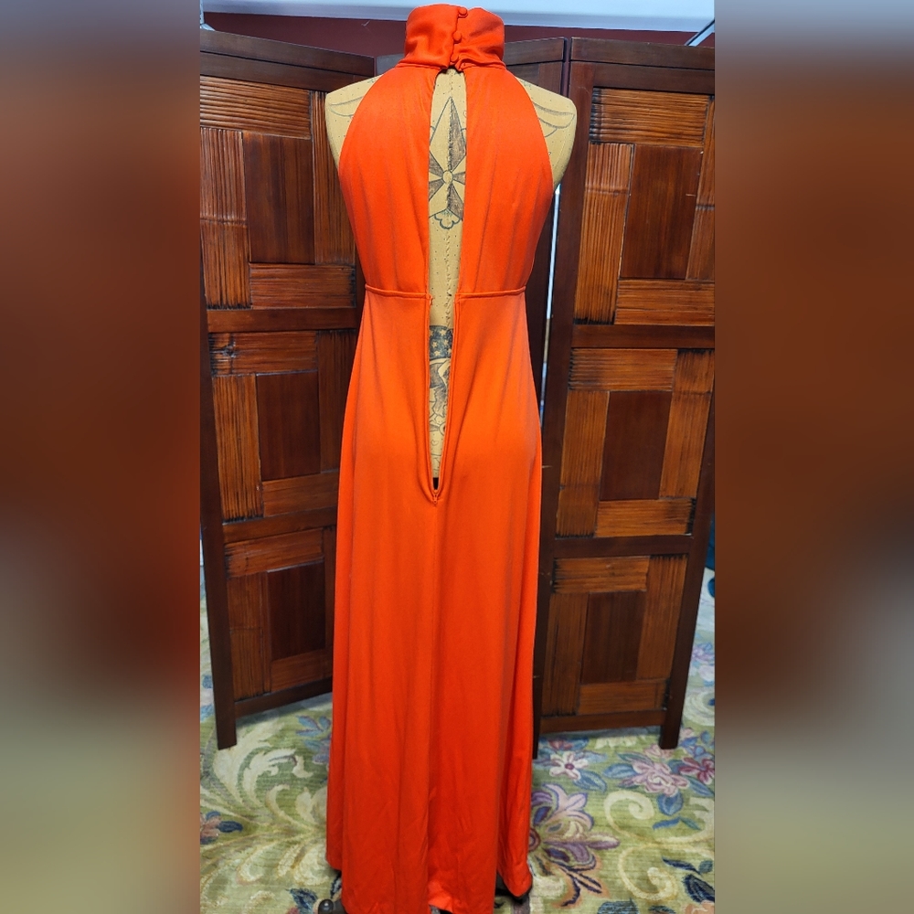 Women's Shawn Orginals Vintage Firey Orange Red Turtle Halter Maxi Dress Size 10 - Picture 11 of 15